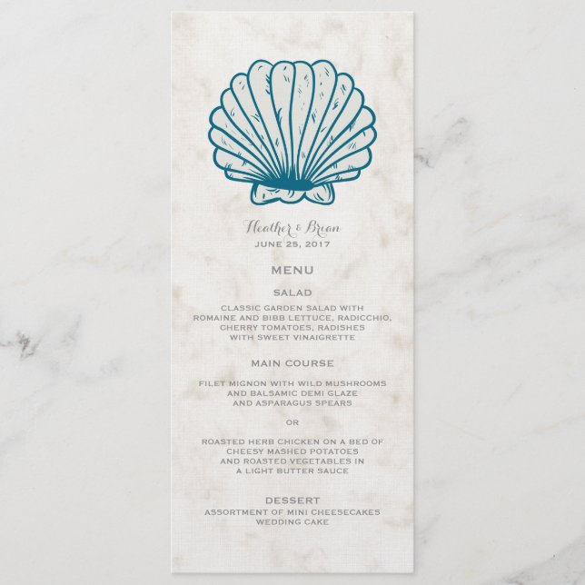 Royal Blue Rustic Seashell Bröllop Menu Meny (Framsida)