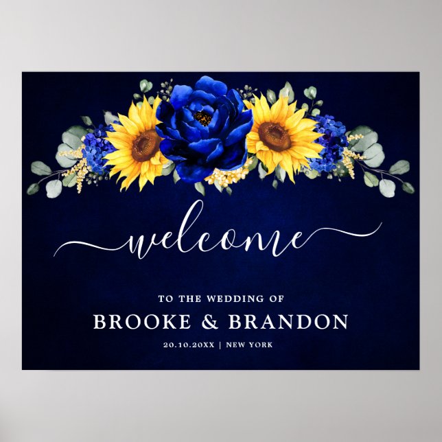 Royal Blue Rustic Solros Bröllop Välkommen Poster (Framsidan)