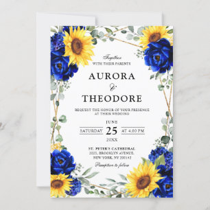 Royal Blue Rustic Solros Geometric Bröllop Inv Inbjudningar