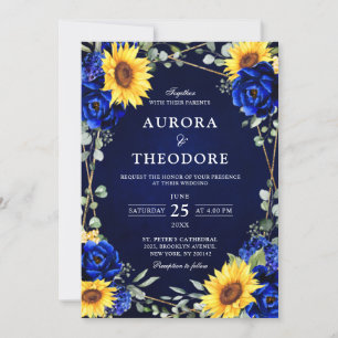 Royal Blue Rustic Solros Geometric Bröllop Inv Inbjudningar