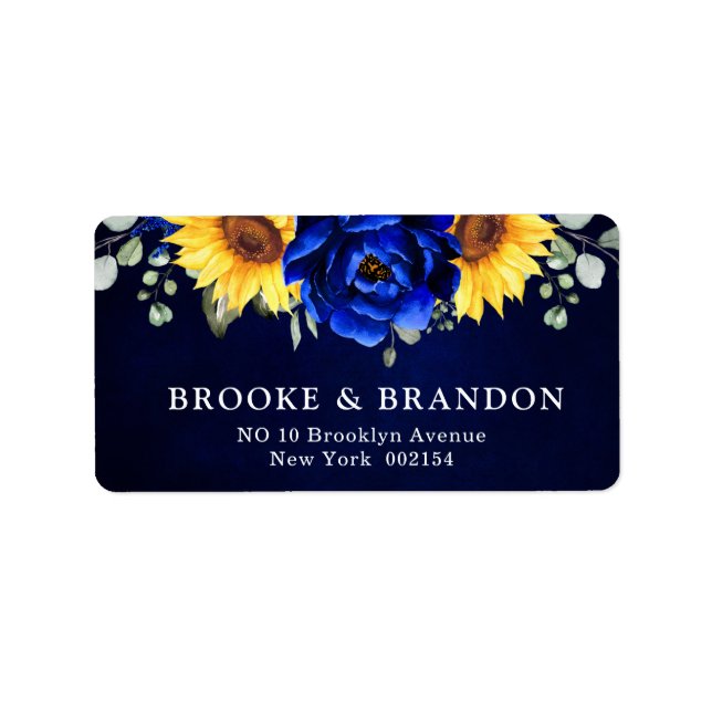 Royal Blue Rustic Solros Modern Blommigt Bröllop Adressetikett (Framsidan)