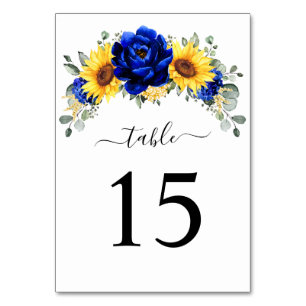 Royal Blue Rustic Solros Modern Blommigt Bröllop Bordsnummer