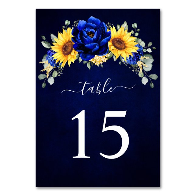 Royal Blue Rustic Solros Modern Blommigt Bröllop Bordsnummer (Framsidan)