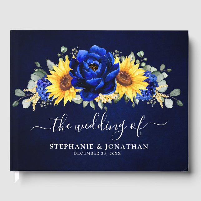 Royal Blue Rustic Solros Modern Blommigt Bröllop Gästböcker (Framsida)