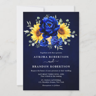 Royal Blue Rustic Solros Modern Blommigt Bröllop Inbjudningar