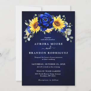 Royal Blue Rustic Solros Modern Blommigt Bröllop Inbjudningar