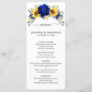 Royal Blue Rustic Solros Modern Blommigt Bröllop Meny