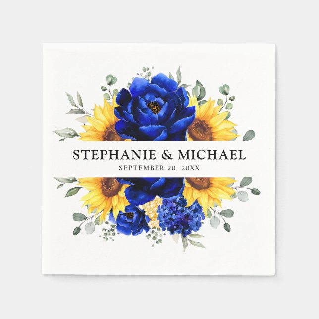Royal Blue Rustic Solros Modern Blommigt Bröllop Pappersservett (Framsidan)