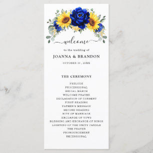 Royal Blue Rustic Solros Modern Blommigt Bröllop Program