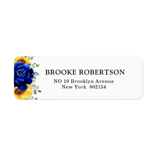 Royal Blue Rustic Solros Modern Blommigt Bröllop Returadress Etikett (Framsidan)