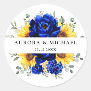Royal Blue Rustic Solros Modern Blommigt Bröllop Runt Klistermärke