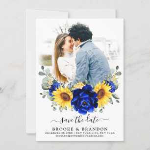 Royal Blue Rustic Solros Modern Blommigt Bröllop Spara Datumet