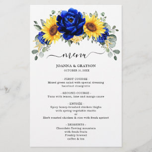 Royal Blue Rustic Solros Modern Bröllop Menu