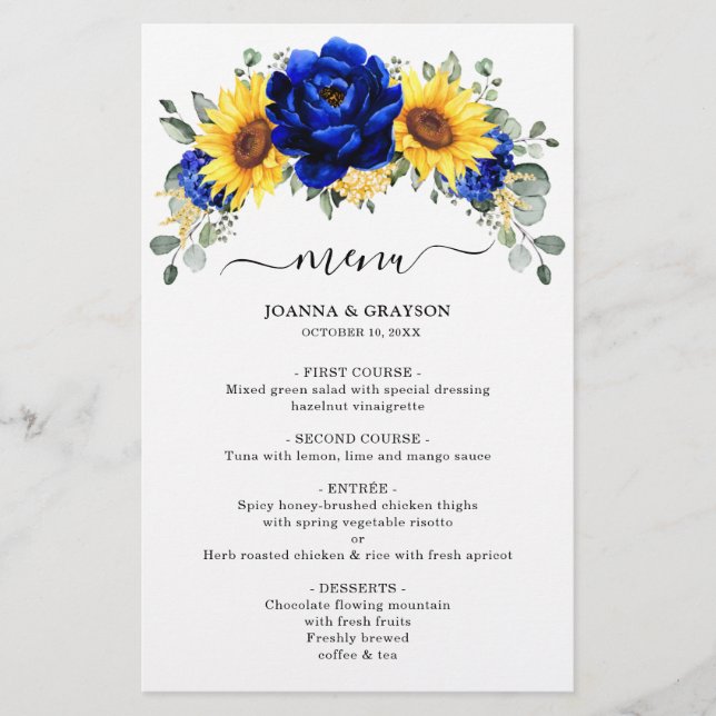 Royal Blue Rustic Solros Modern Bröllop Menu (Framsida)