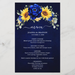 Royal Blue Rustic Solros Modern Bröllop Menu