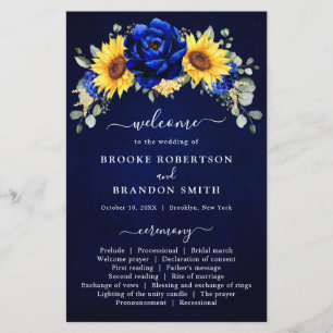 Royal Blue Rustic Solros Modern Bröllopsprogram