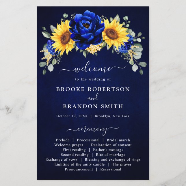 Royal Blue Rustic Solros Modern Bröllopsprogram (Framsida)