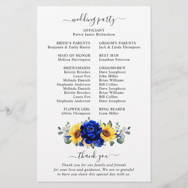 Royal Blue Rustic Solros Modern Bröllopsprogram (Baksida)