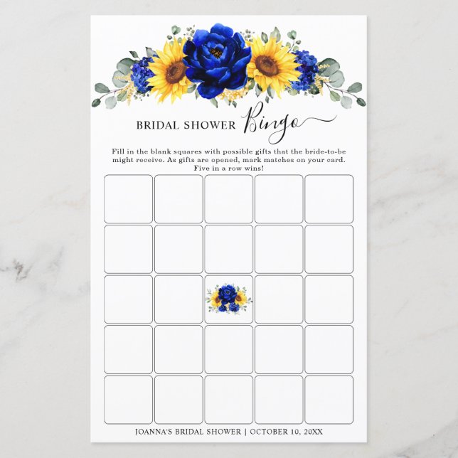 Royal Blue Rustic Solros Möhippa Bingo (Framsida)