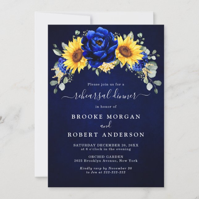 Royal Blue Rustic Solros Rehearsal Dinner Invit Inbjudningar (Framsida)