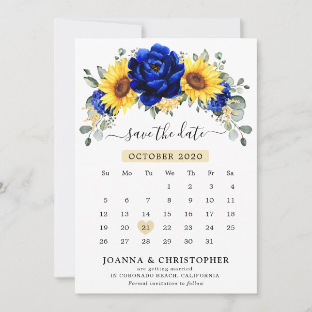 Royal Blue Rustic Solrossolroskalender Modern Blom Spara Datumet (Framsida)
