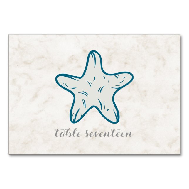 Royal Blue Rustic Starfish Bröllop Bord Bordsnummer (Framsidan)