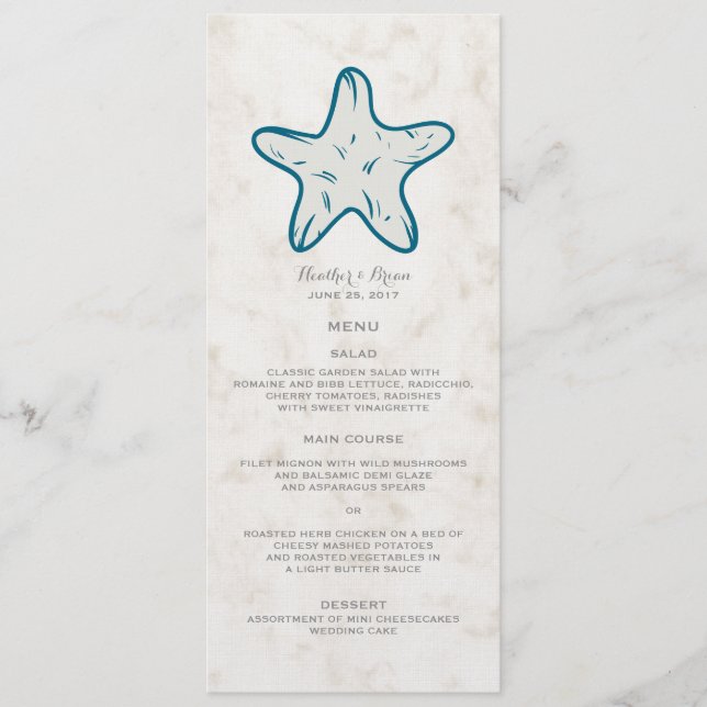 Royal Blue Rustic Starfish Bröllop Menu Meny (Framsida)