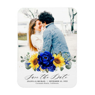 Royal Blue Rustic Sunblommor Modern Spara datum Magnet