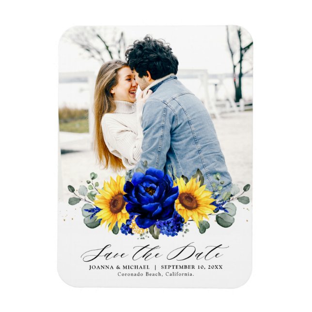 Royal Blue Rustic Sunblommor Modern Spara datum Magnet (Vertikal)