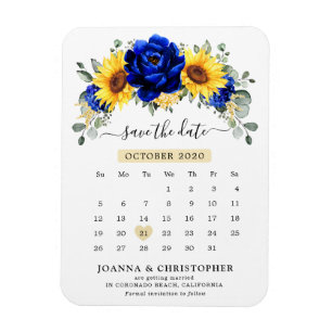 Royal Blue Rustic Sunblommor Modern Spara datum Magnet
