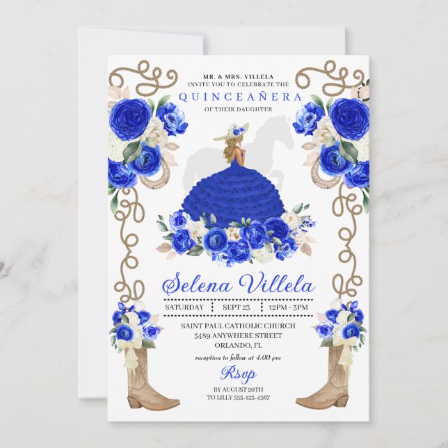 Royal Blue Rustic Western Charro Quinceañera Inbjudningar (Framsida)