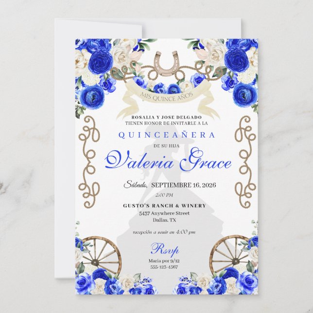 Royal Blue Rustic Western Charro Woman Quinceañera Inbjudningar (Framsida)