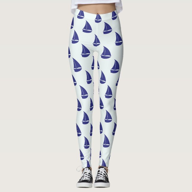 Royal Blue Sailboat Mönster Leggings (Framsida)