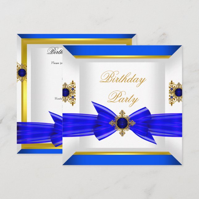 Royal Blue Sapphire Gem Jewel Guld Bow Birthday Inbjudningar (Fram/baksida)