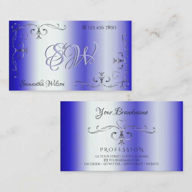 Royal Blue Shimmery Ornate Corner Gräns Initialer Visitkort (Fram/baksida)