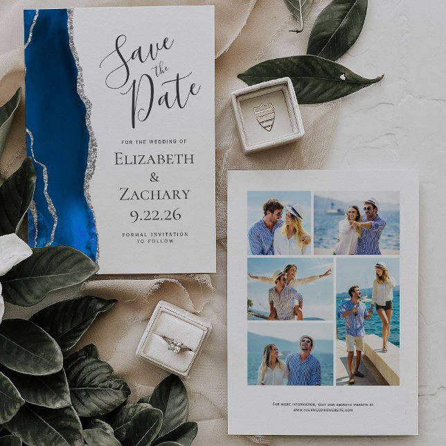 Royal Blue Silver Agate 5-Photo Save Date Inbjudningar (Skapare uppladdad)