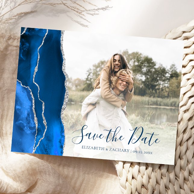 Royal Blue Silver Agate Custom Photo Save the Date Vykort (Skapare uppladdad)