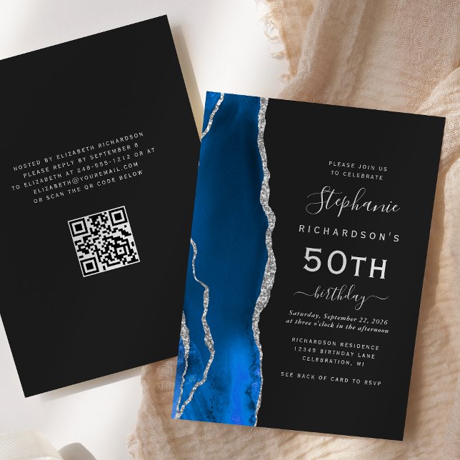 Royal Blue Silver Agate QR-kod 50-årsdag Inbjudningar (Skapare uppladdad)
