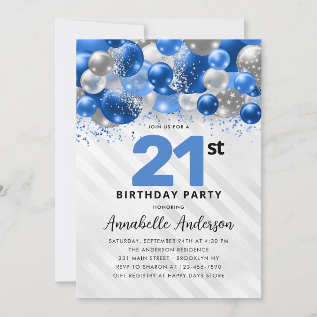 Royal Blue Silver Balloon Glitter 21:a födelsedage Inbjudningar (Framsida)