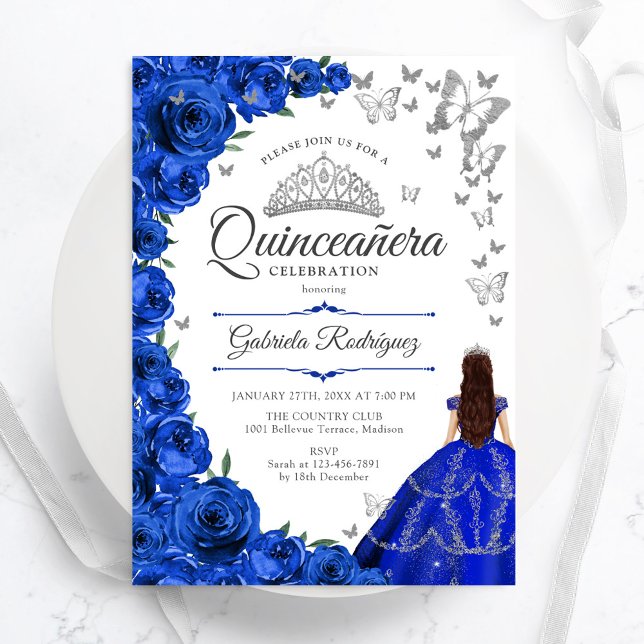 Royal Blue Silver Blommigt Quinceanera Inbjudningar (Skapare uppladdad)