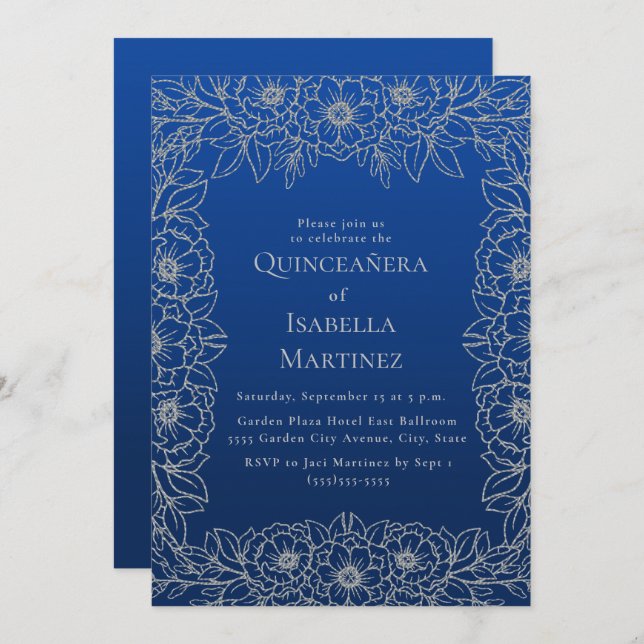 Royal Blue Silver Blommigt Quinceañera Sweet 15 Inbjudningar (Fram/baksida)