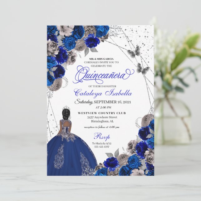 Royal Blue Silver Butterfly Princess Quinceanera Inbjudningar (Stående Fram)