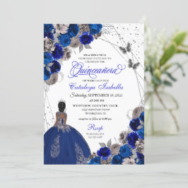 Royal Blue Silver Butterfly Princess Quinceanera Inbjudningar