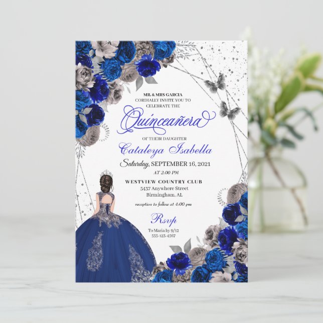 Royal Blue Silver Butterfly Princess Quinceanera Inbjudningar (Stående Fram)