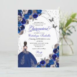 Royal Blue Silver Butterfly Princess Quinceanera Inbjudningar
