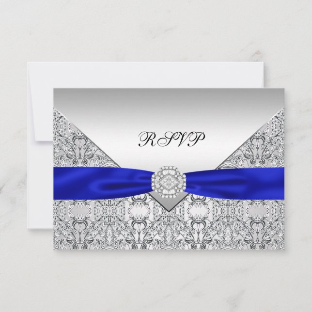 Royal Blue Silver Diamant Bröllop RSVP OSA Kort (Framsida)