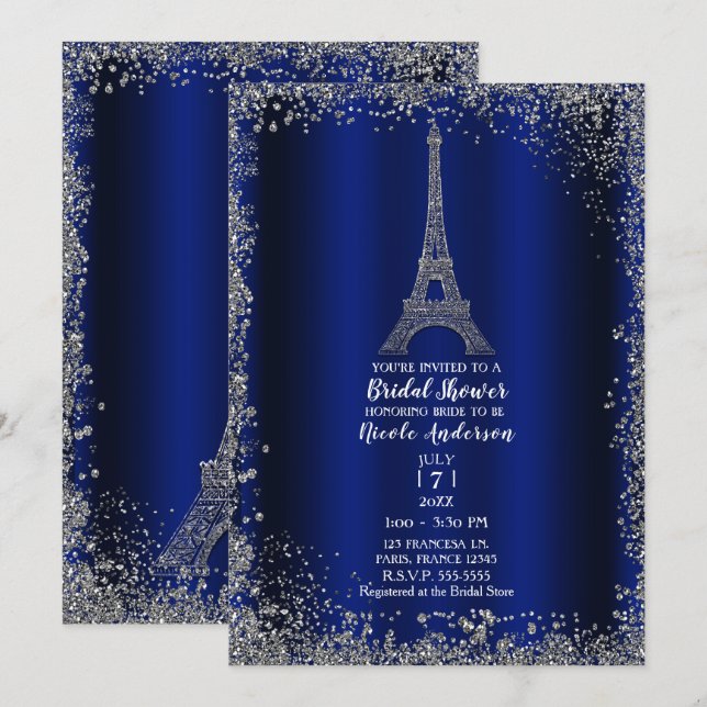 Royal Blue Silver Eiffel Torn Chic Möhippa Inbjudningar (Fram/baksida)