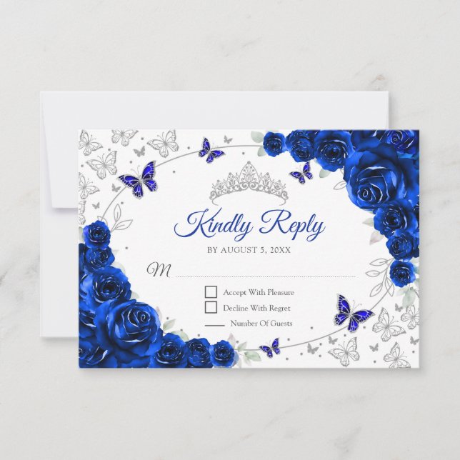 Royal Blue Silver Floral Quinceanera Reply OSA Kort (Framsida)