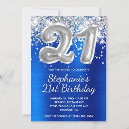 Royal Blue Silver Glitter Balloon 21:a födelsedag Inbjudningar