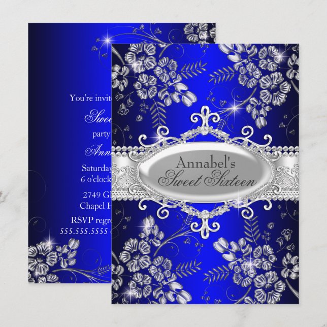 Royal Blue Silver Glitter Blomma Sweet 16 Inbjudan (Fram/baksida)